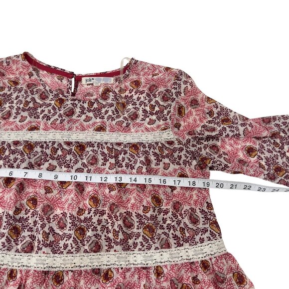 Jolt  Pink&Burgundy Bohemian Floral Long Sleeve Top Blouse SZ M Tiered Design - Picture 4 of 9